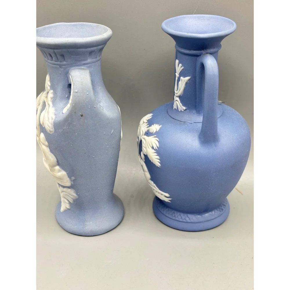 Vtg Blue Jasperware Wedgwood Style‎ Vases Pair Decorative Collectible Porcelain